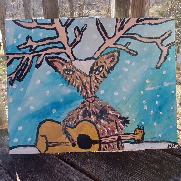 Deer in Snow Folk Art Painting Acrylic on canvas Original Art Winter Snow Holida - Picture 2 of 3